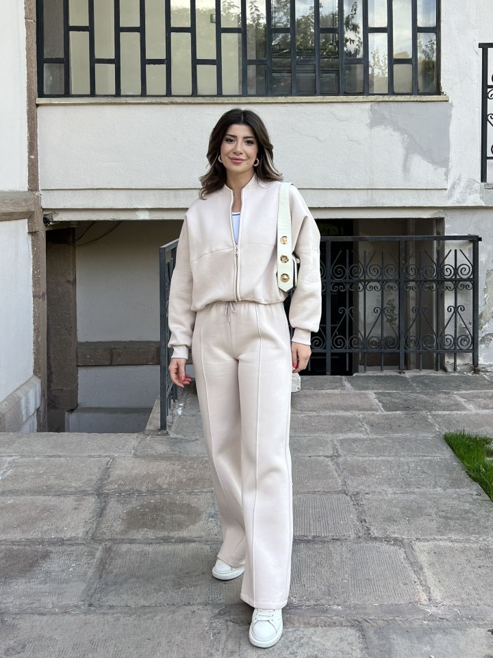 Bej Fermuarlı Sweat Pantolon Takım