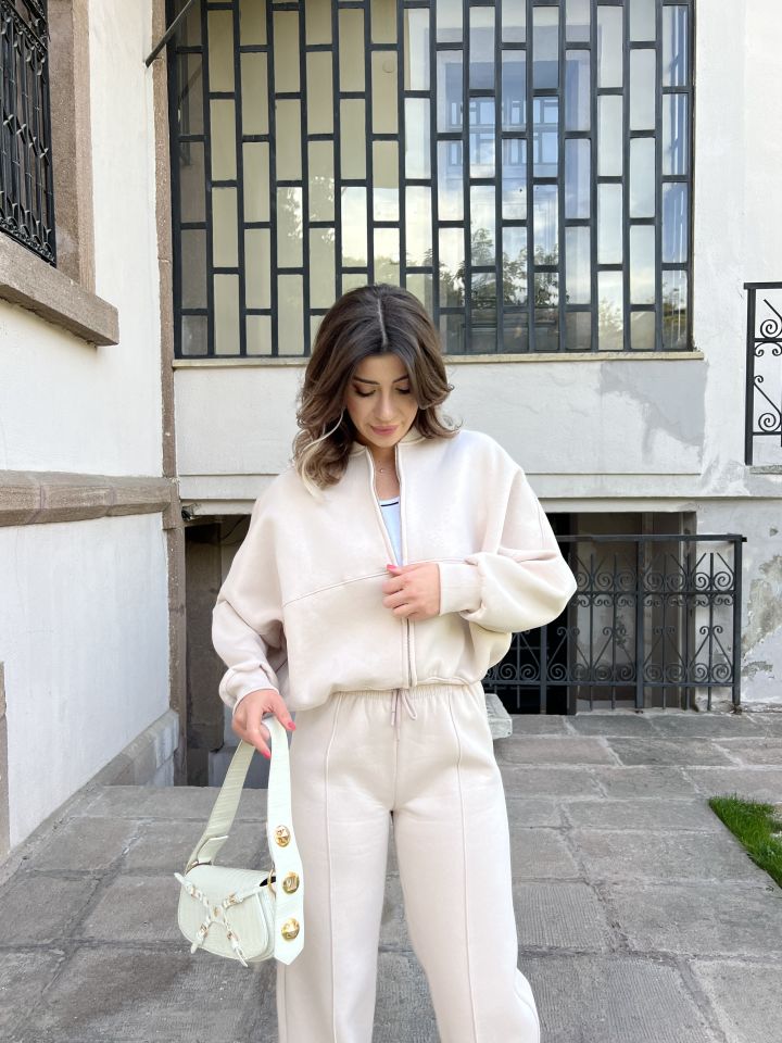 Bej Fermuarlı Sweat Pantolon Takım