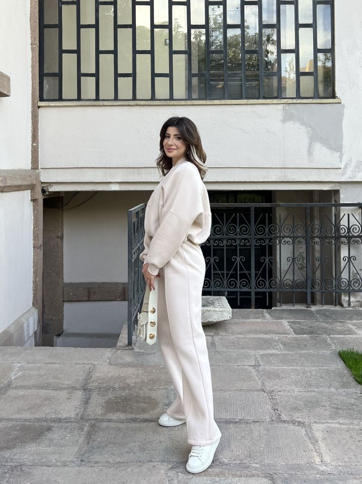 Bej Fermuarlı Sweat Pantolon Takım