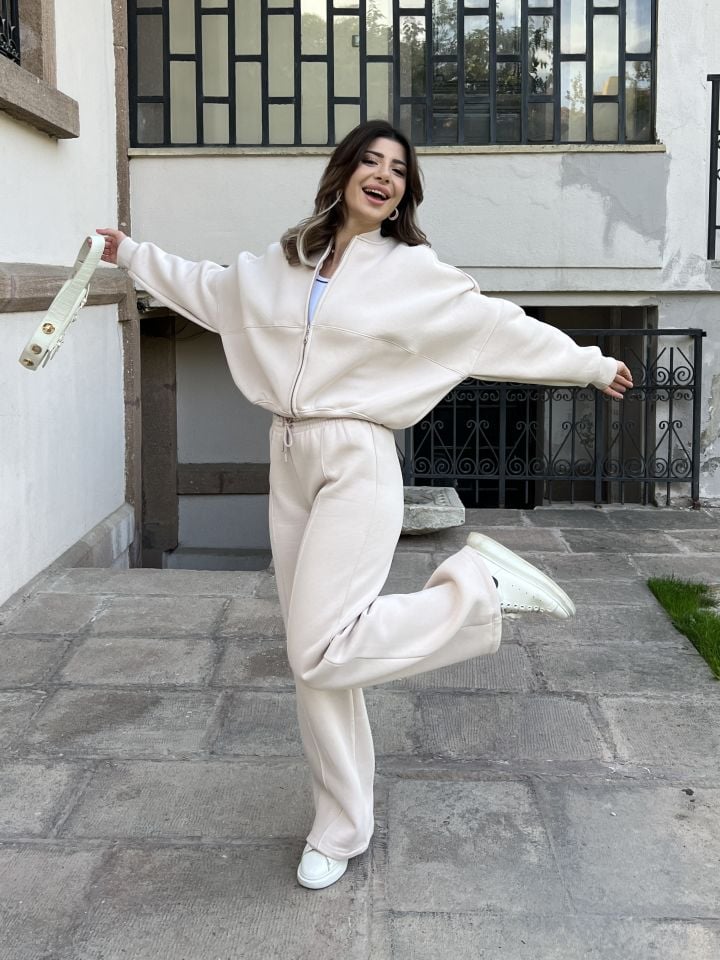 Bej Fermuarlı Sweat Pantolon Takım