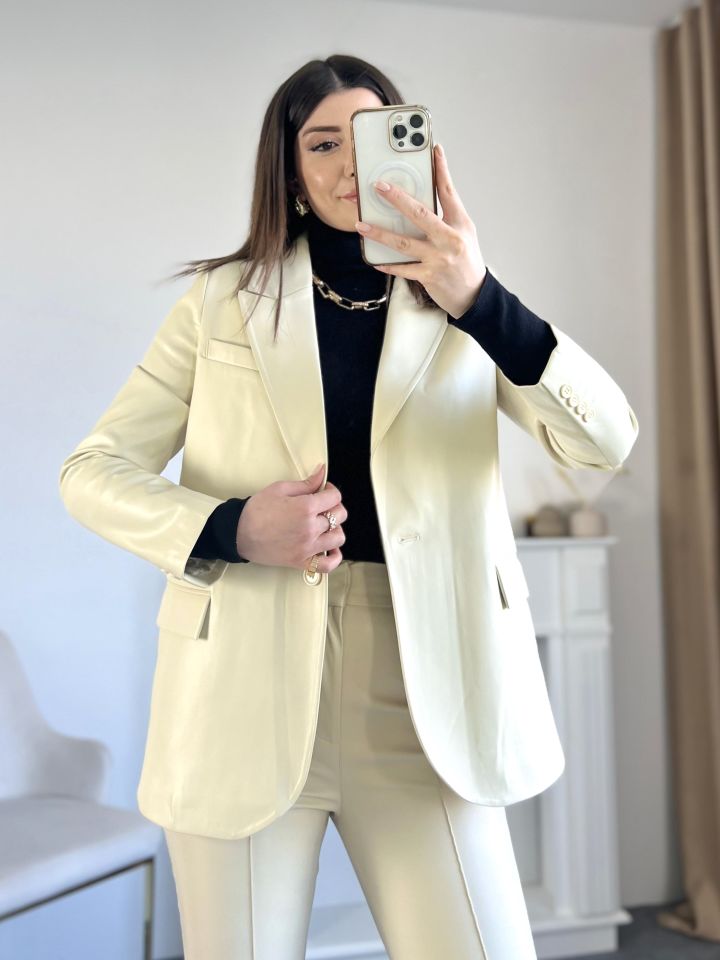 Bej Deri Blazer Ceket