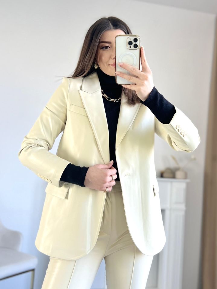 Bej Deri Blazer Ceket