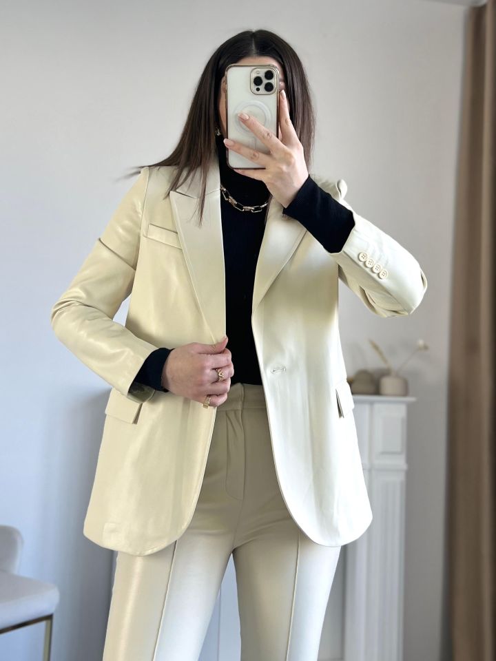 Bej Deri Blazer Ceket