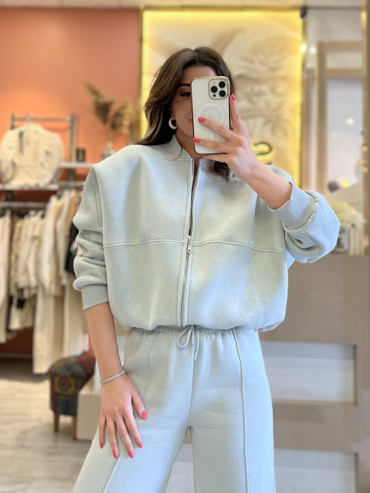 Açık Gri Fermuarlı Sweat Pantolon Takım