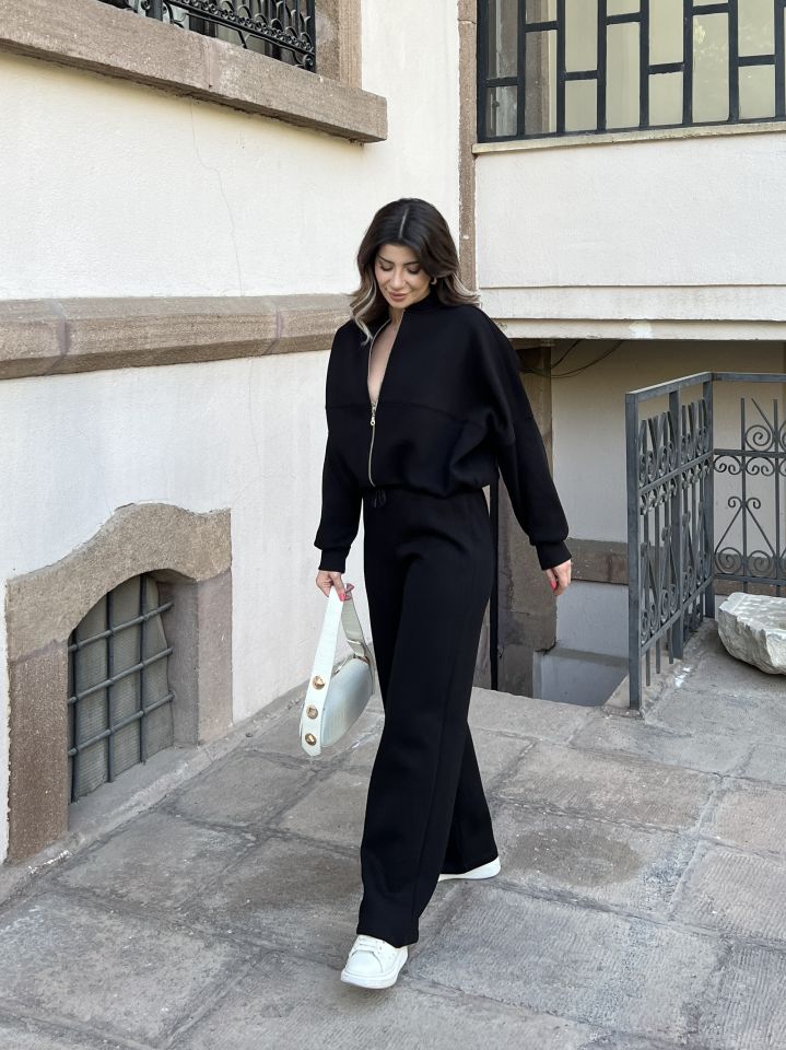 Siyah Fermuar Sweat Pantolon Takım