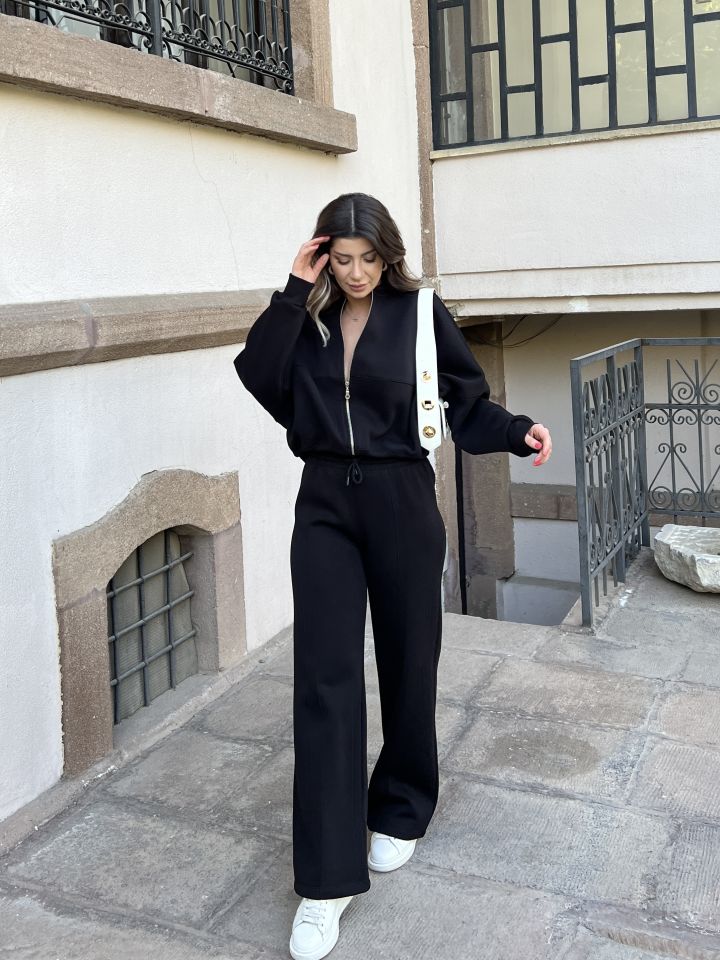 Siyah Fermuar Sweat Pantolon Takım