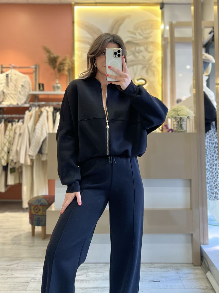 Siyah Fermuar Sweat Pantolon Takım