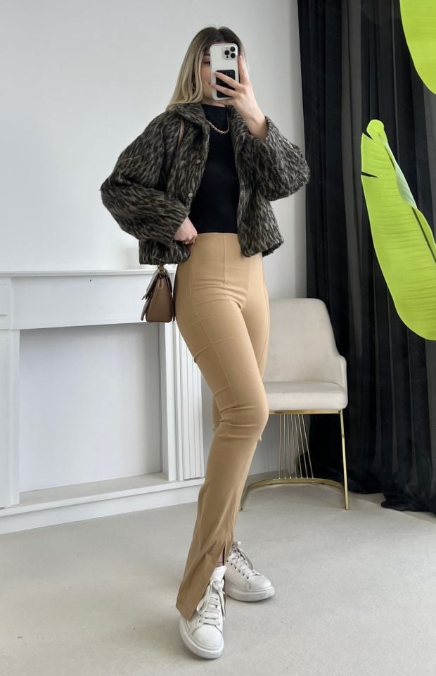Camel Beli Lastikli Esnek Pantolon