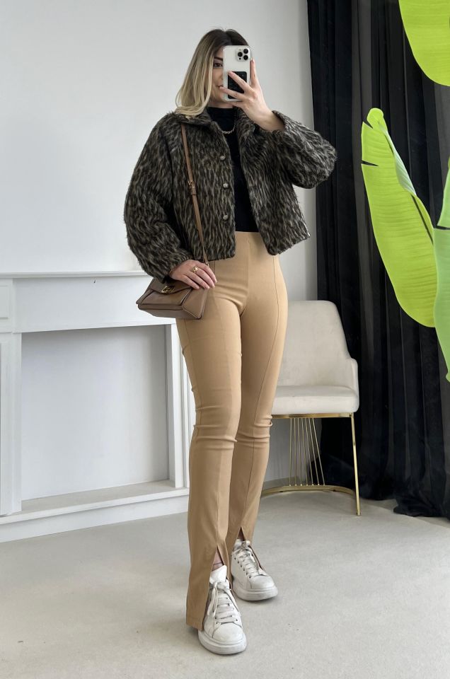 Camel Beli Lastikli Esnek Pantolon
