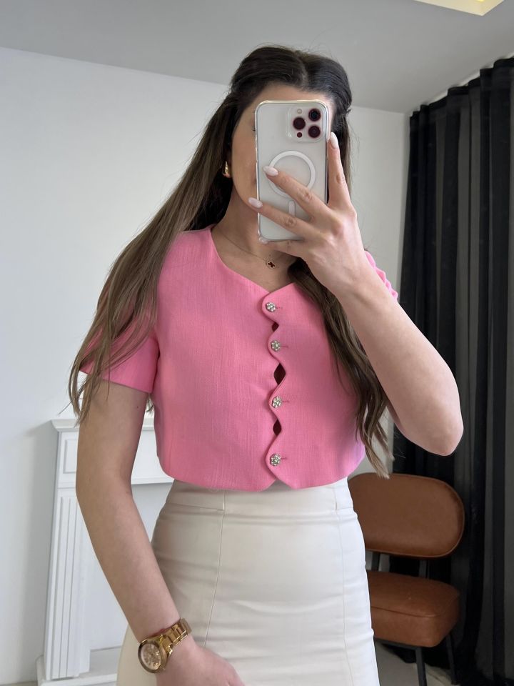 Pembe Taş Detay Crop Ceket