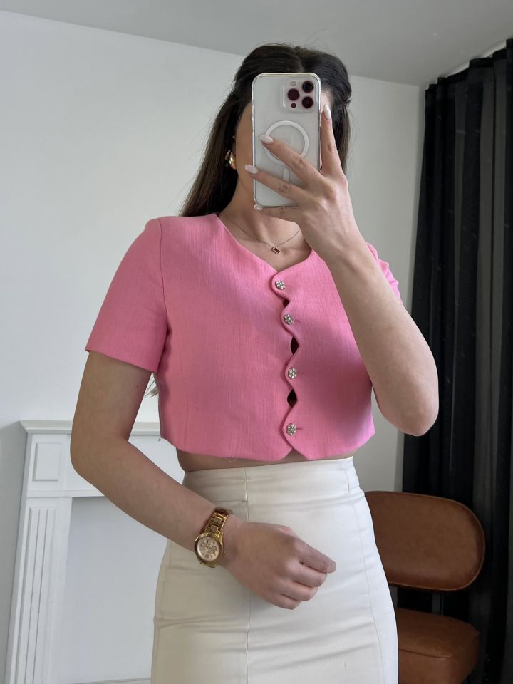 Pembe Taş Detay Crop Ceket