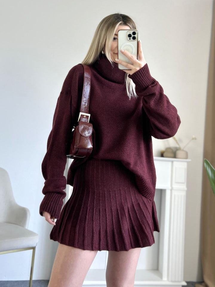 Bordo Balıkçı Yaka Triko Etekli Takım
