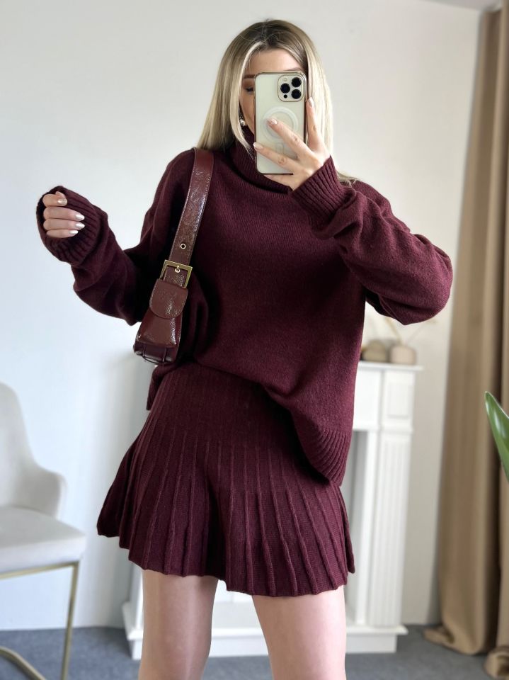 Bordo Balıkçı Yaka Triko Etekli Takım