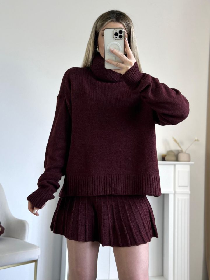Bordo Balıkçı Yaka Triko Etekli Takım