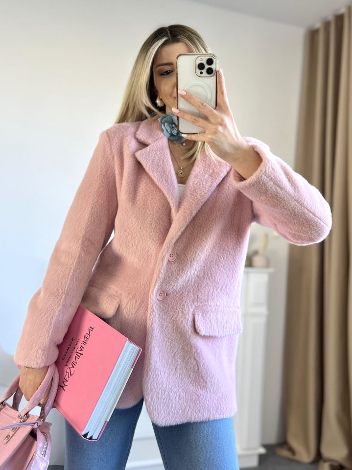 Pembe Çift Cepli Düğmeli Alpaka Ceket