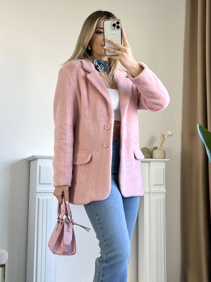 Pembe Çift Cepli Düğmeli Alpaka Ceket