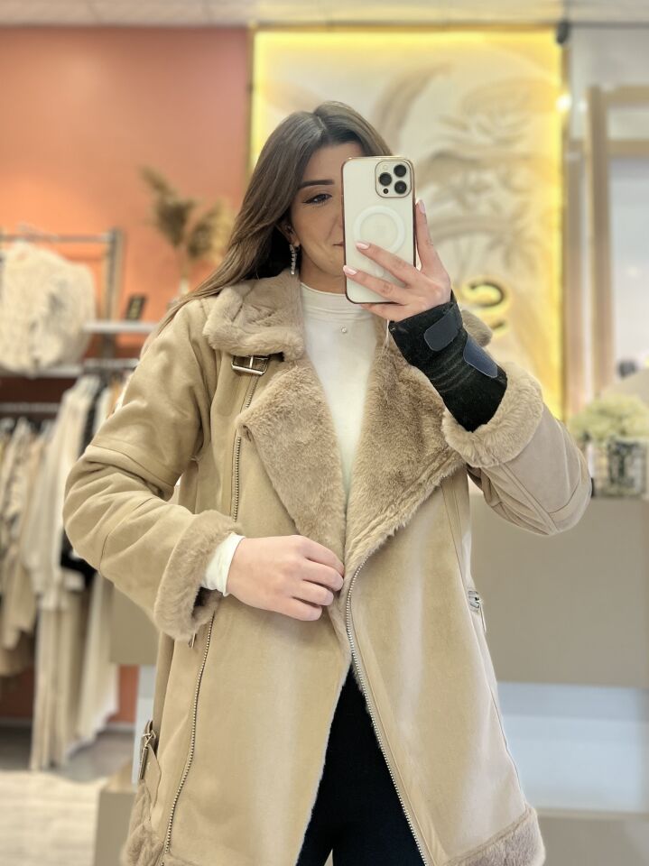 Kahve İçi Kürklü Nubuk Mont