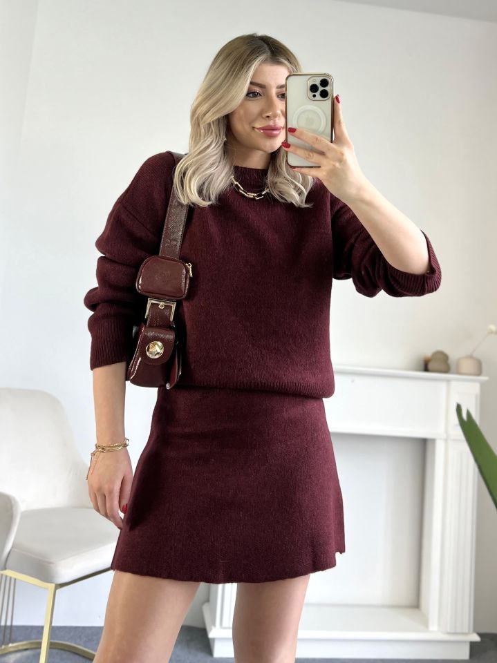 Bordo Bisiklet Yaka Triko Etekli Takım