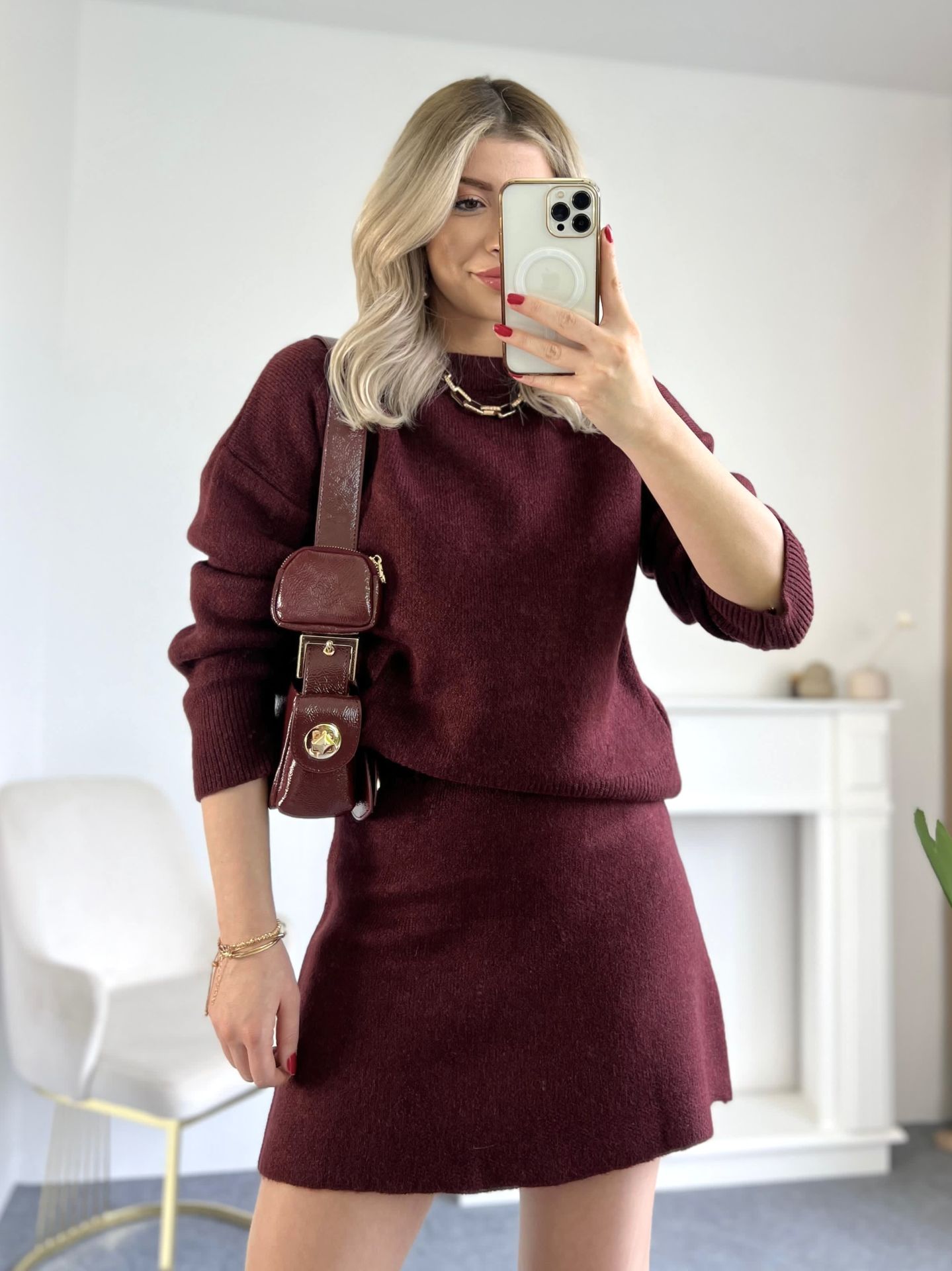 Bordo Bisiklet Yaka Triko Etekli Takım