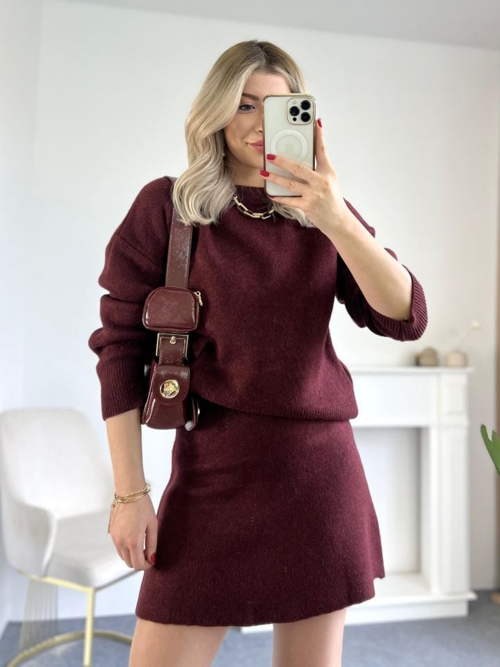 Bordo Bisiklet Yaka Triko Etekli Takım