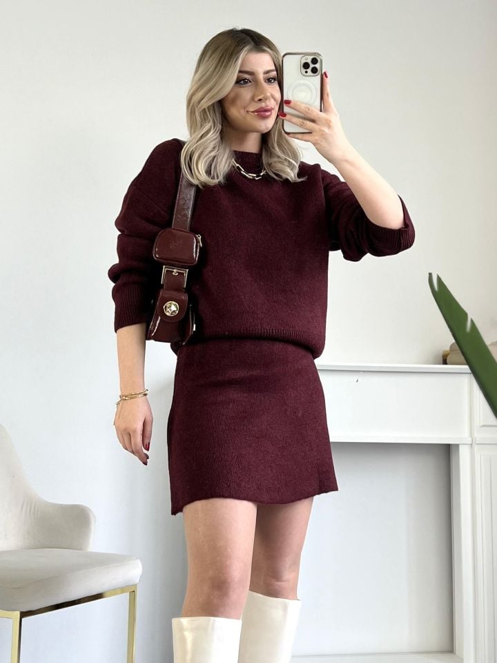Bordo Bisiklet Yaka Triko Etekli Takım
