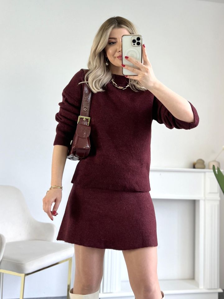 Bordo Bisiklet Yaka Triko Etekli Takım