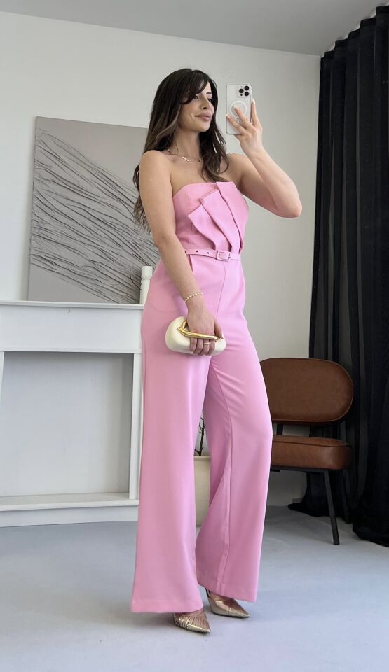 Yaka Detaylı Kemerli Şık Pembe Tulum