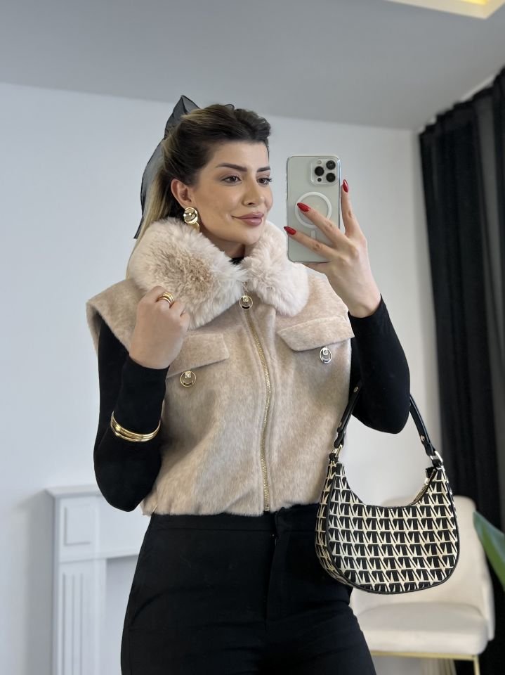 Krem Kürk Detay Yelek