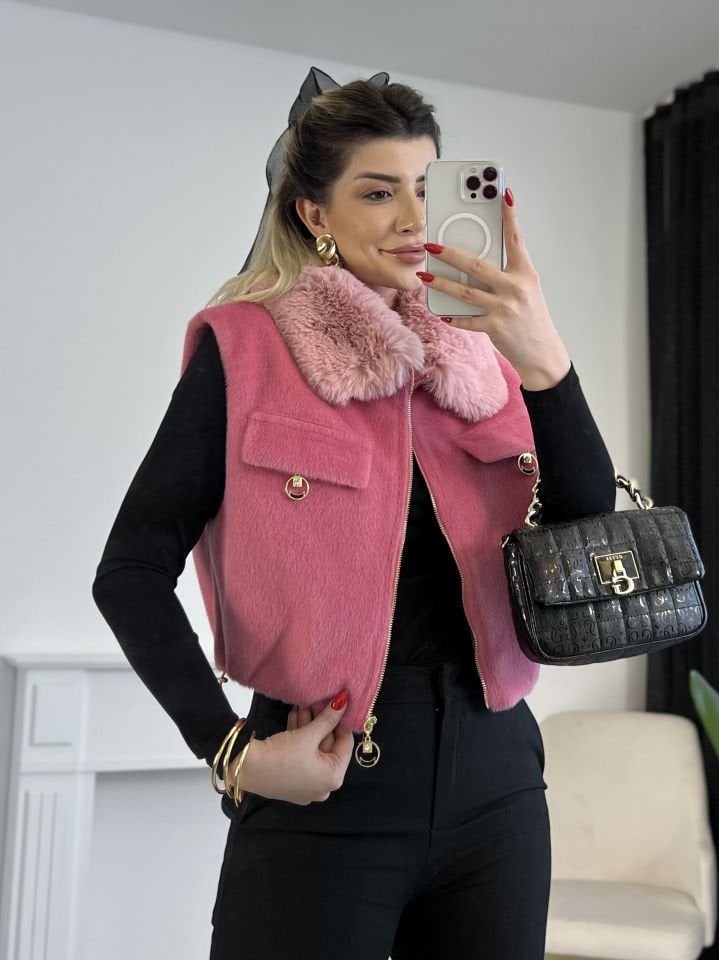 Pembe Kürk Yaka Yelek
