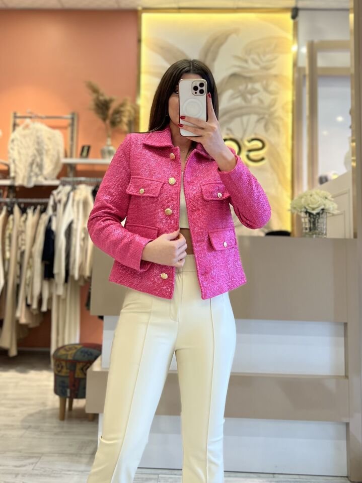 Pembe Baskılı Gold Düğme Detay Ceket