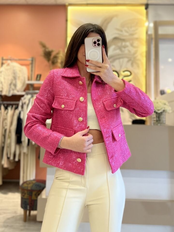 Pembe Baskılı Gold Düğme Detay Ceket