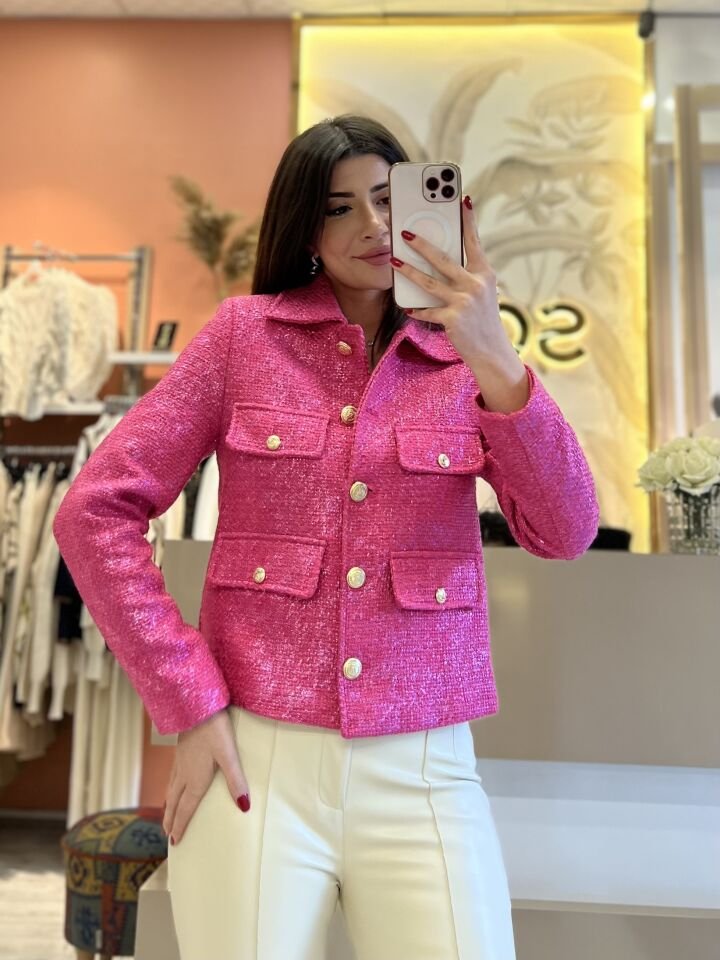 Pembe Baskılı Gold Düğme Detay Ceket