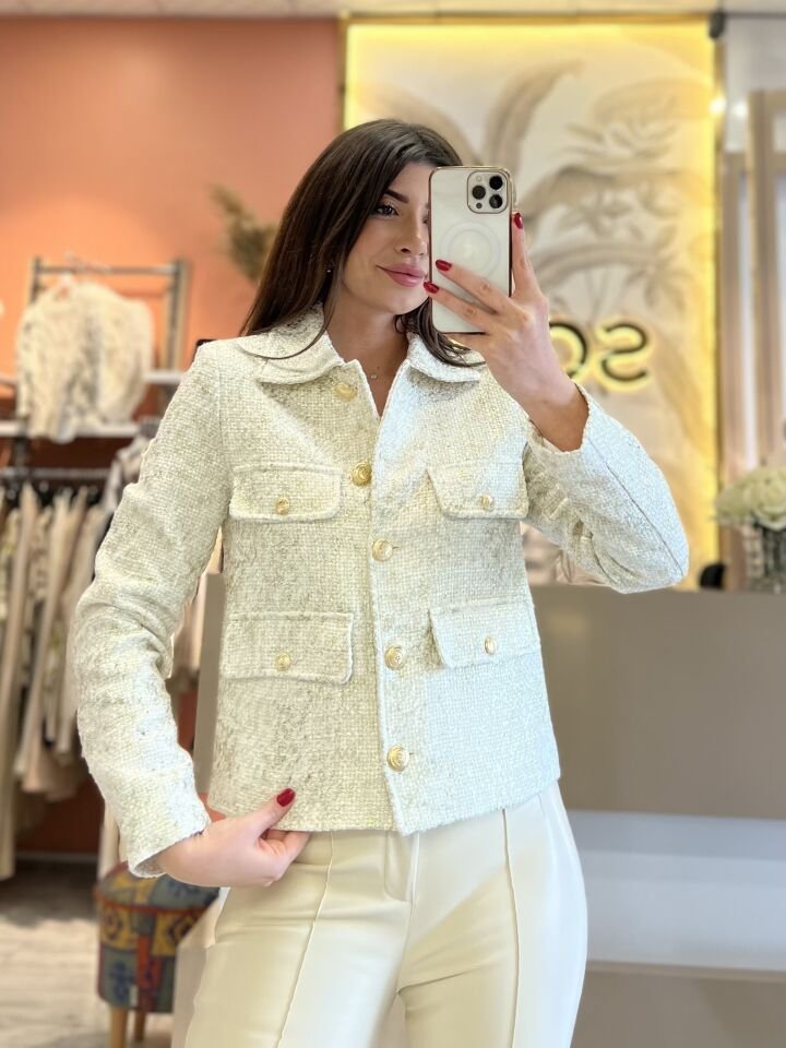 Krem Baskılı Gold Düğme Detay Ceket
