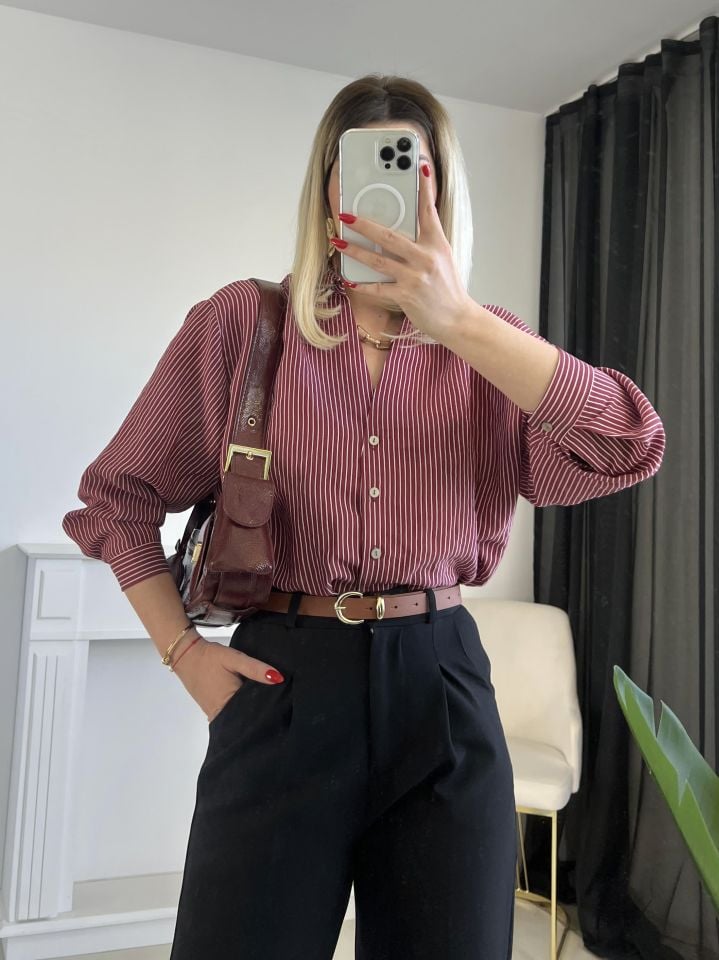 Bordo-Beyaz Çizgili Oversize Gömlek