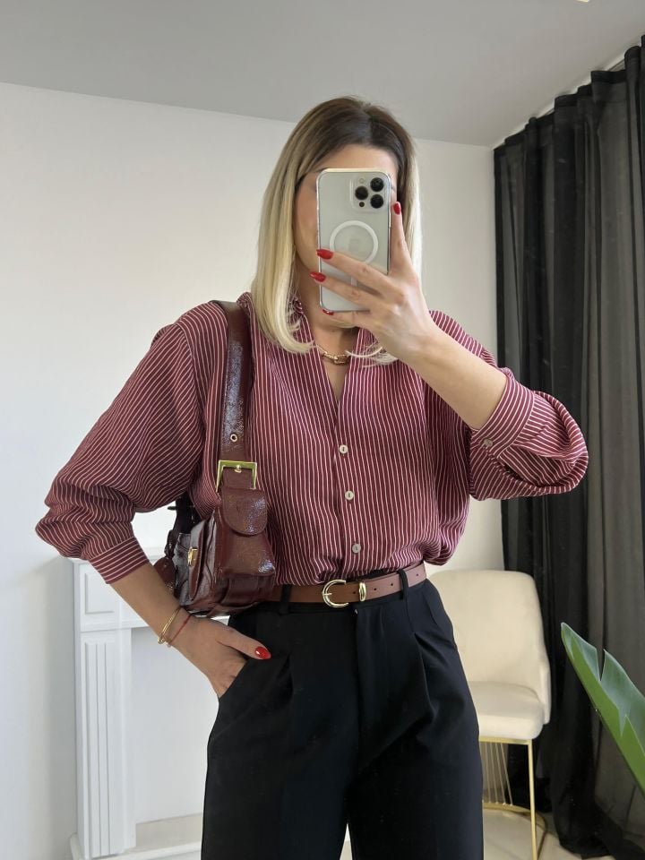 Bordo-Beyaz Çizgili Oversize Gömlek