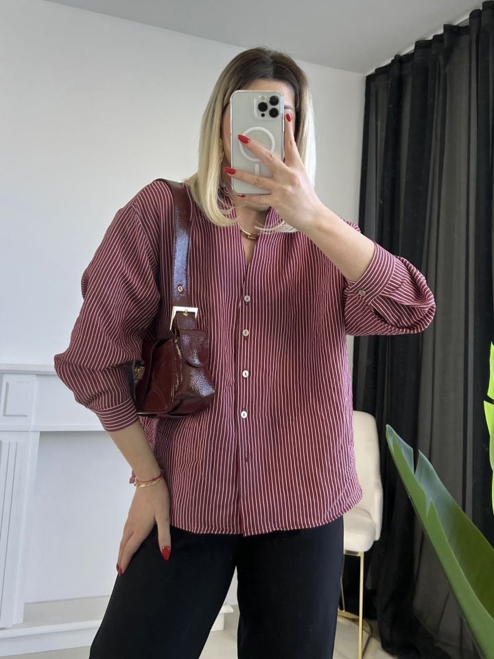 Bordo-Beyaz Çizgili Oversize Gömlek