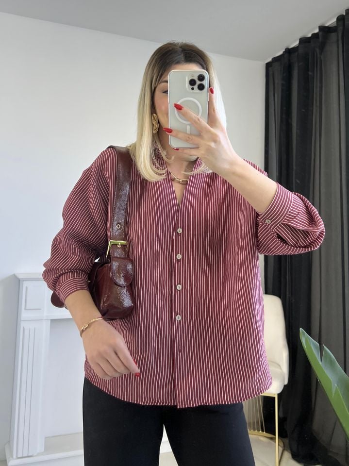 Bordo-Beyaz Çizgili Oversize Gömlek