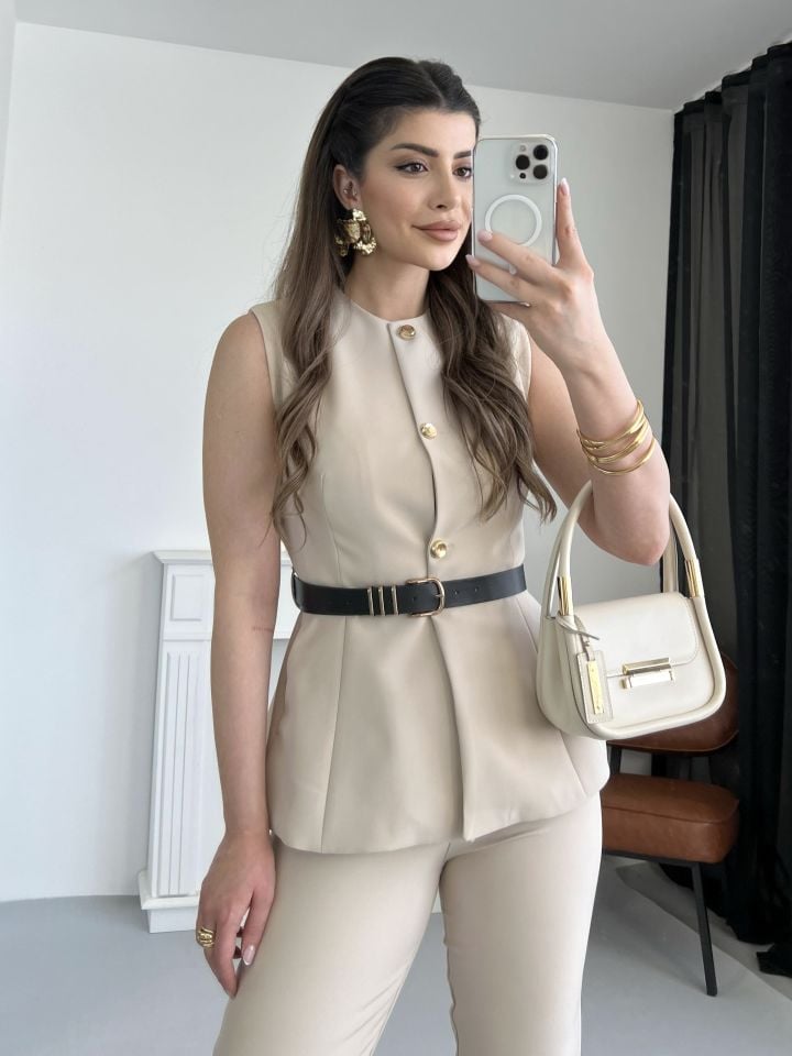 Bej Gold Düğme Detay Yelek Pantolon Takım M