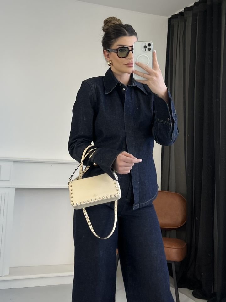 Koyu Lacivert Belden Oturtmalı Denim Takım