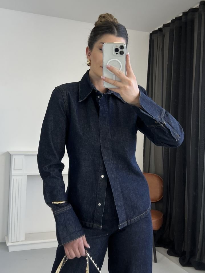 Koyu Lacivert Belden Oturtmalı Denim Takım