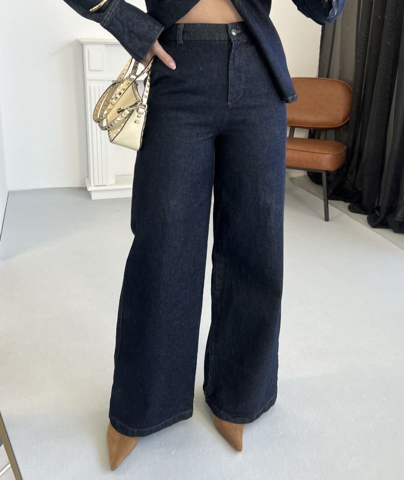 Koyu Lacivert Belden Oturtmalı Denim Takım