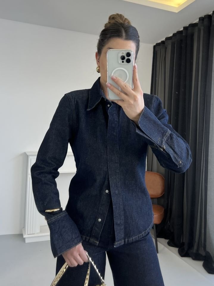 Koyu Lacivert Belden Oturtmalı Denim Takım