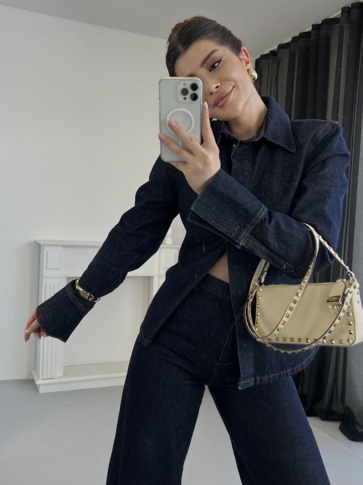 Koyu Lacivert Belden Oturtmalı Denim Takım