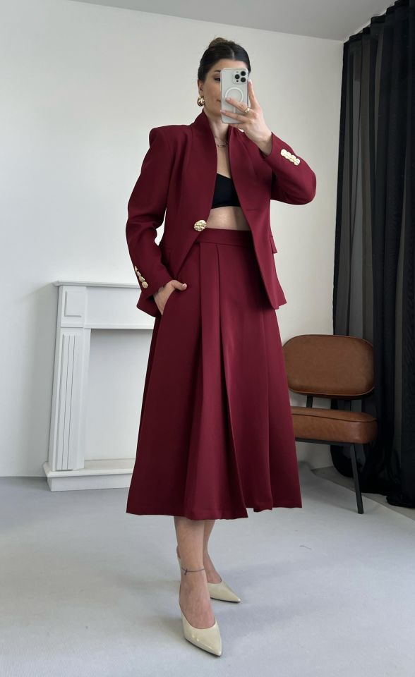 Bordo Midi Boy Kloş Etek