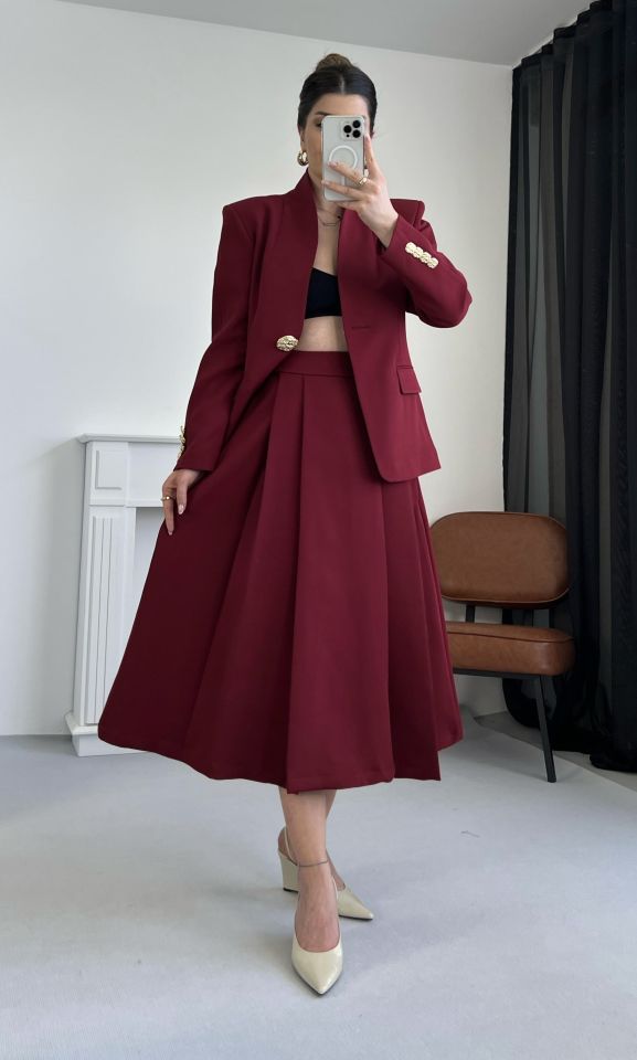 Bordo Midi Boy Kloş Etek