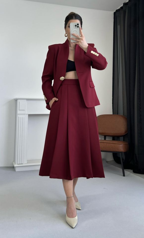 Bordo Midi Boy Kloş Etek