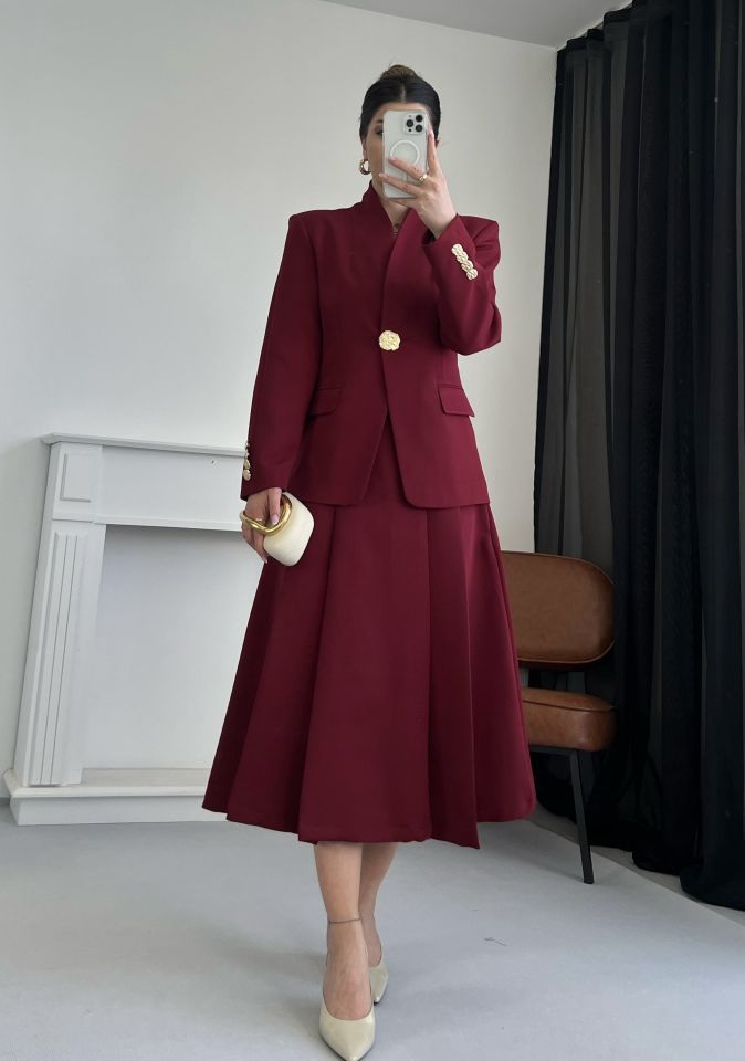 Bordo Midi Boy Kloş Etek