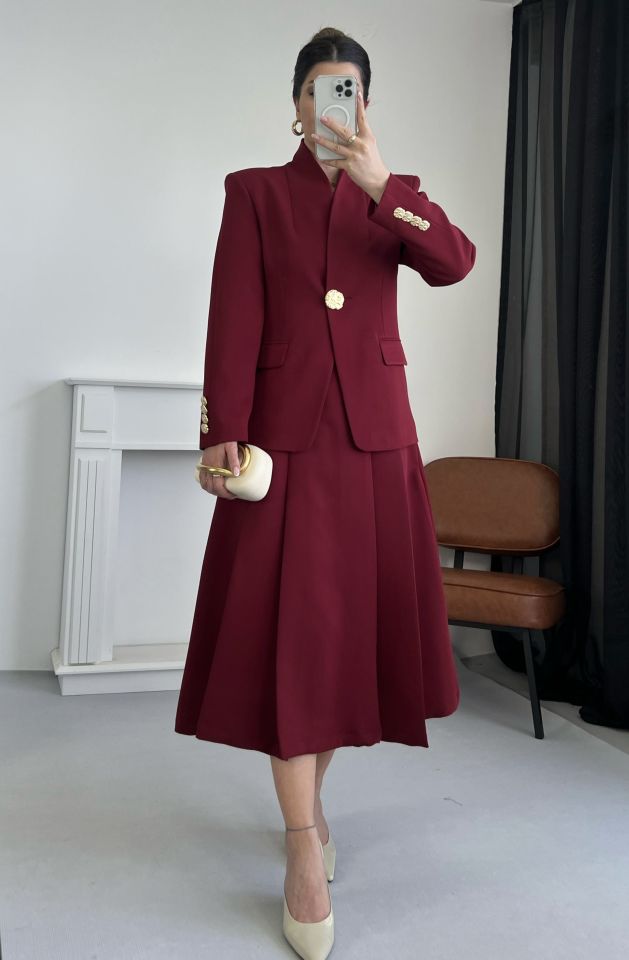 Bordo Midi Boy Kloş Etek