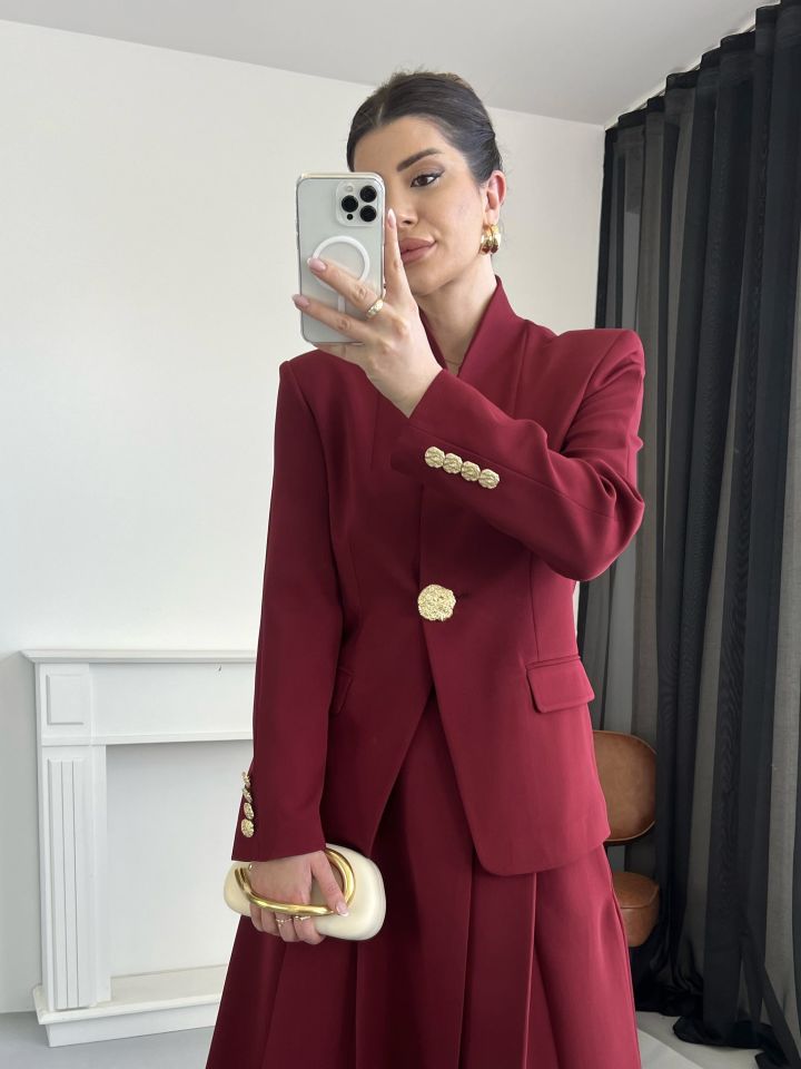 Bordo Gold Düğme Detay Blazer Ceket