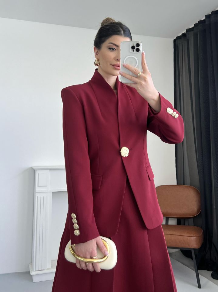 Bordo Gold Düğme Detay Blazer Ceket